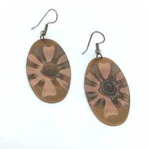 Fire Painted Copper Earrings Oval Abstract Hippie Maximalist Art Fishhook Dangle